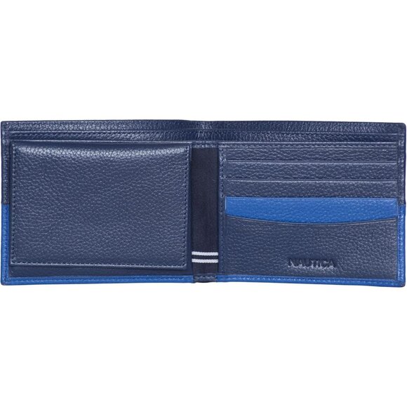 Men's Blue Bifold Leather Wallet RFID Blocking ID Window Card Slots Organization - Picture 2 of 5